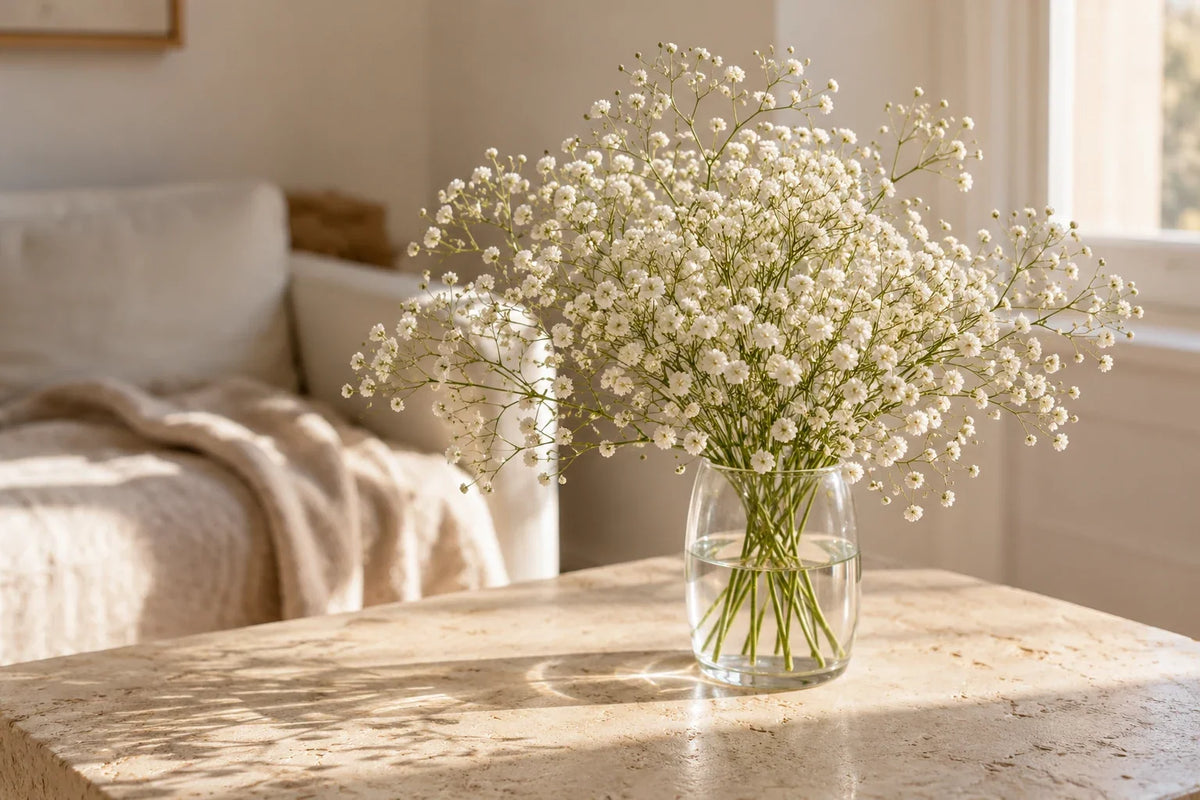 AI-generated editorial illustration of white baby's breath in a clear vase; not a product photograph