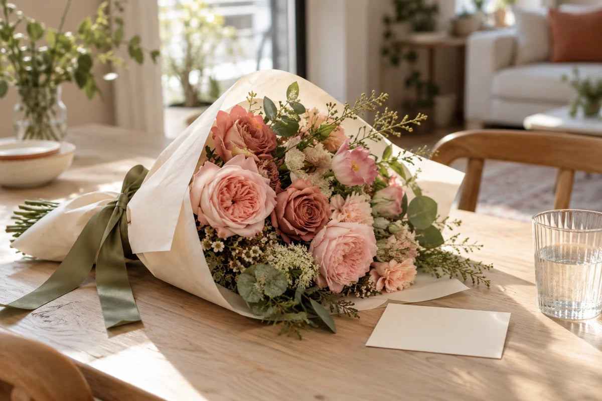 AI-generated editorial illustration of a pink flower gift in ivory wrapping; not a product photograph